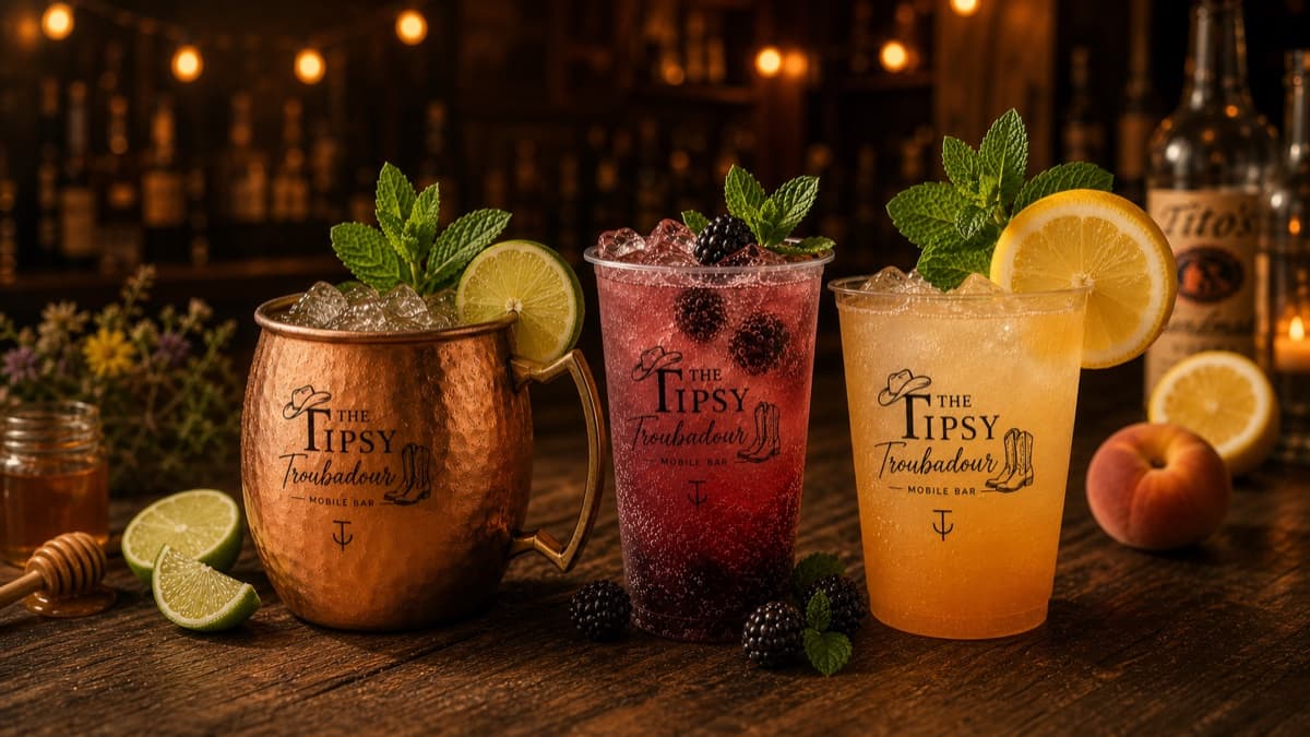Three colorful Tipsy Troubadour signature cocktails