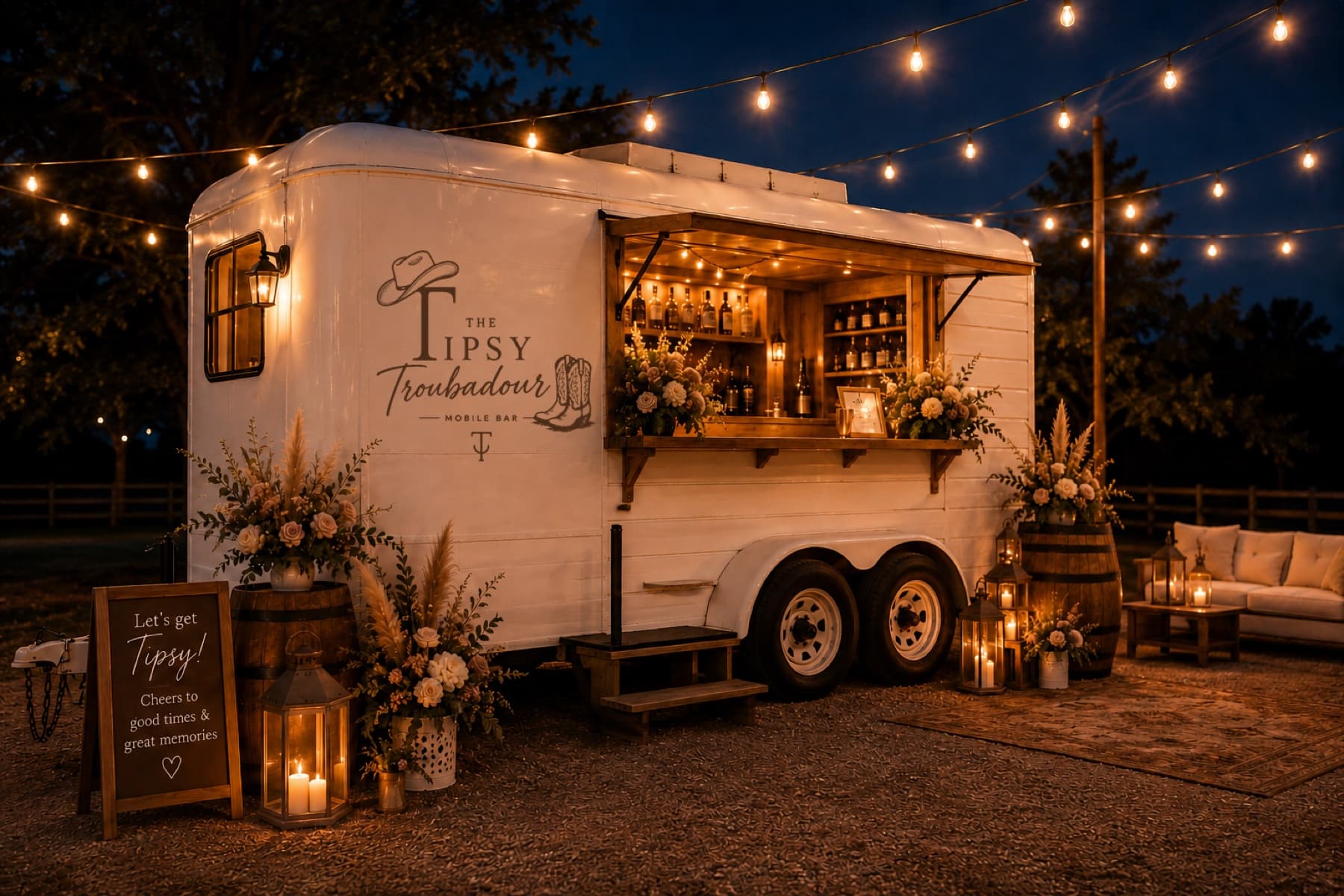 The Tipsy Troubadour mobile bar glowing during an evening event