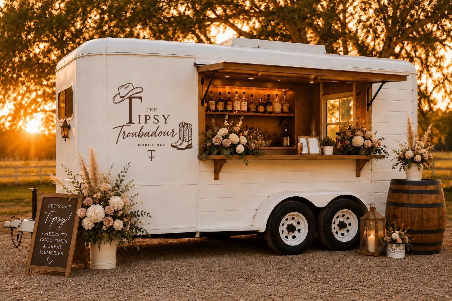 The Tipsy Troubadour mobile bar glowing at golden hour