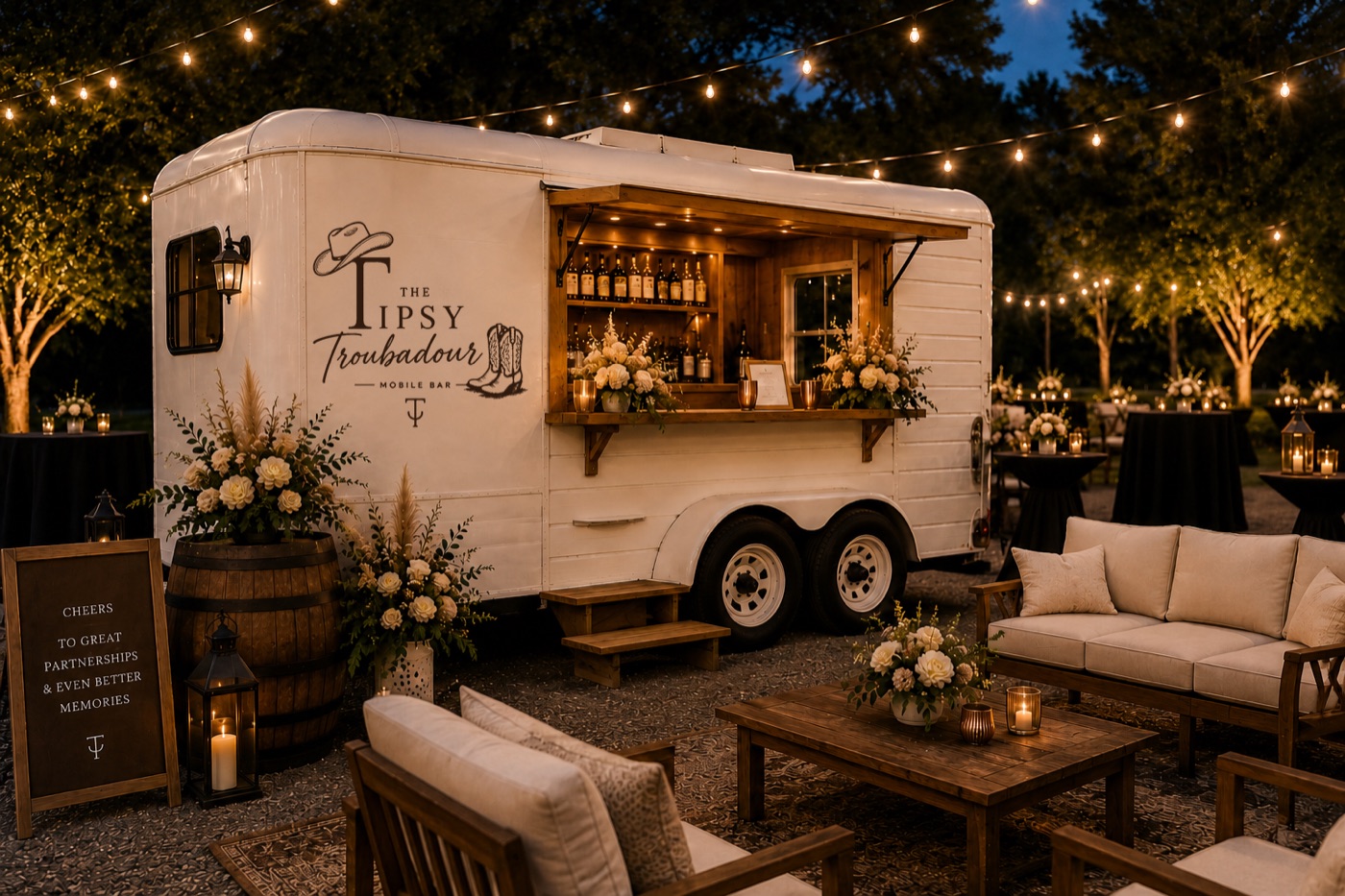 The Tipsy Troubadour mobile bar prepared for an evening event